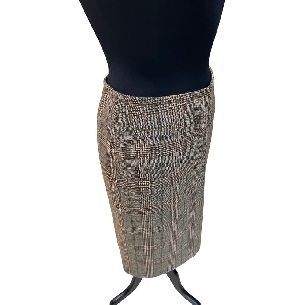 Burberry London Brown Plaid Wool Pencil Skirt Embroidered Knight Logo Size 36 - Picture 2 of 6